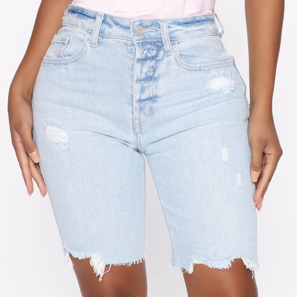 High Waist Distressed Button Fly Bermuda Shorts